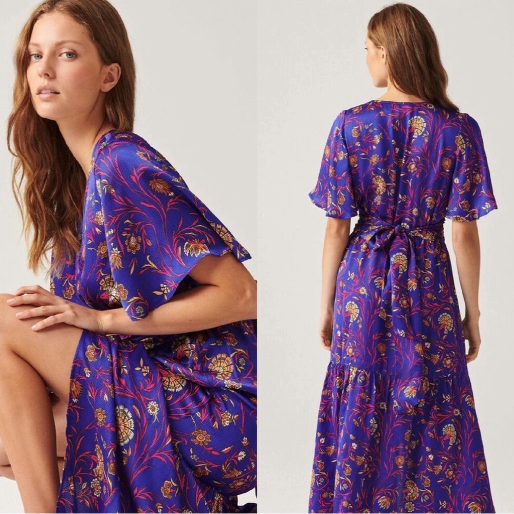 Ba&sh Cecelia Blue Paisley Floral Flutter Sleeve Wrap Dress Size XS